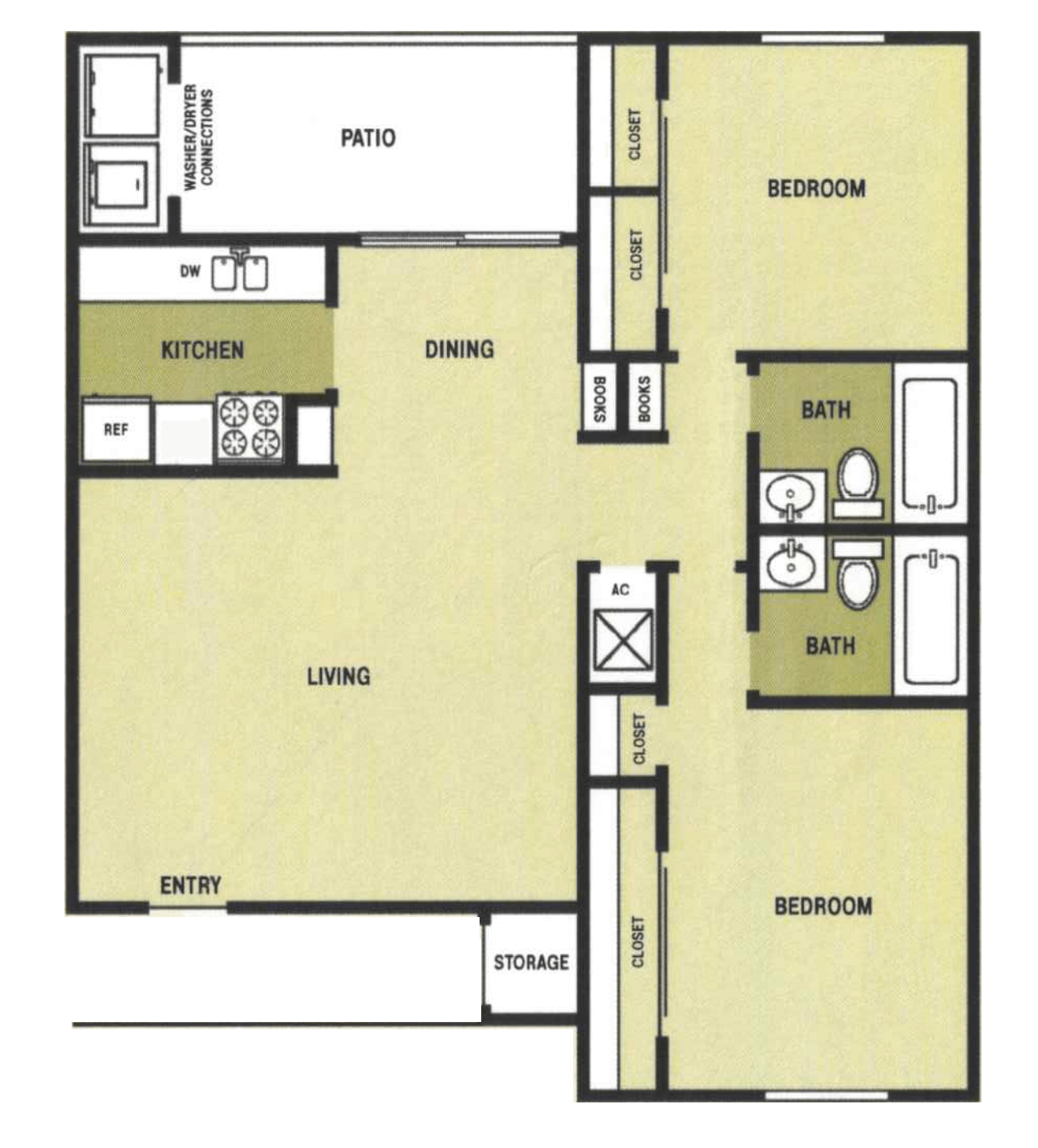 A 2×2 unit with 2 Bedrooms and 2 Bathrooms with area of 995 sq. ft